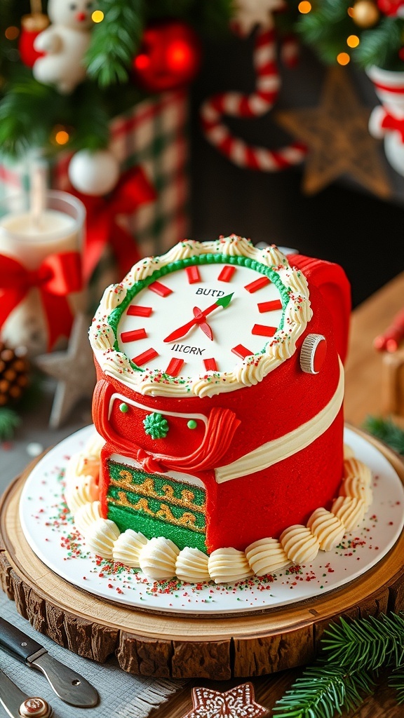 Christmas Wallpaper Watch Recipe A festive Christmas cake shaped like a watch, decorated with red and green layers, icing, and sprinkles on a wooden table.